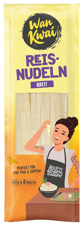 Fideos de arroz anchos Wan Kwai 250 g: variedad auténtica para Pad Thai, sopas y más. Vegano y sin gluten. Listo en 8 minutos.