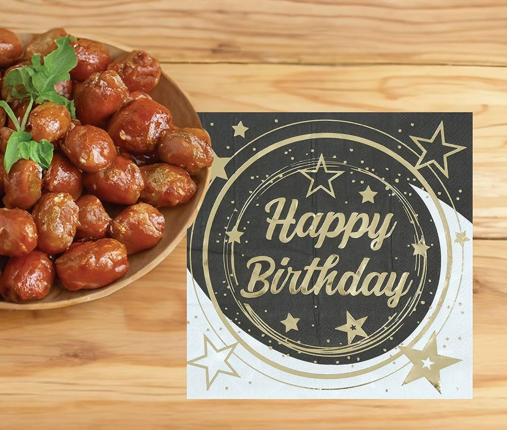 | 20 Șervețele Happy New Year (16X16 Cm) - Decorațiuni de masă pentru petreceri de Revelion - Ideal pentru evenimente și sărbători - Negru și auriu