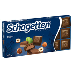 Barra de chocolate Schogetten Nougat 100g, en porciones individuales. Una delicia. Pieza por pieza.