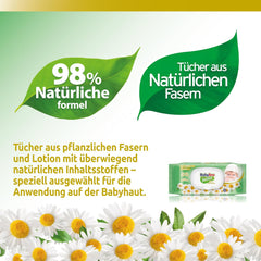 Șervețele umede pentru bebeluși sensibili, 0% parfum, formulă 98% naturală care restabilește echilibrul pH-ului pielii, cu sigiliu de prospețime, 54 de șervețele