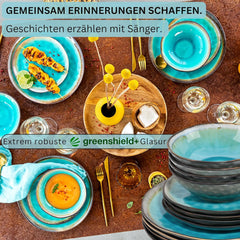 SÄNGER | Set de veselă Capri cu 12 piese, set de farfurii pentru 4 persoane, veselă din gresie, inclusiv farfurii de cină, farfurii de desert și farfurii de sumă, serviciu de cină turcoaz lucrat manual cu margine gri | COLECȚIA PREMIUM