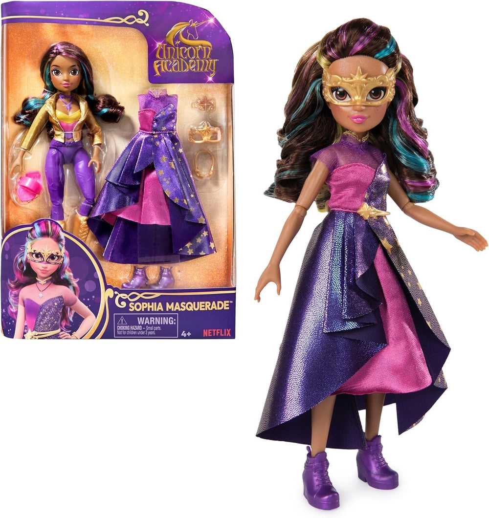 Unicorn Academy Deluxe Masked Ball Sophia - Muñeca de 24 cm de la popular serie de Netflix con 2 conjuntos, disfraces clásicos y juegos de rol, a partir de 4 años Naty Shop Dolls Sophia Masked Ball