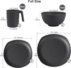 Set de veselă din PP | Set de veselă ușor și indestructibil, format din 16 piese, pentru copii și adulți, set combinat de masă cu 4 farfurii, 4 farfurii de desert, 4 boluri, 4 cești pentru 4 persoane