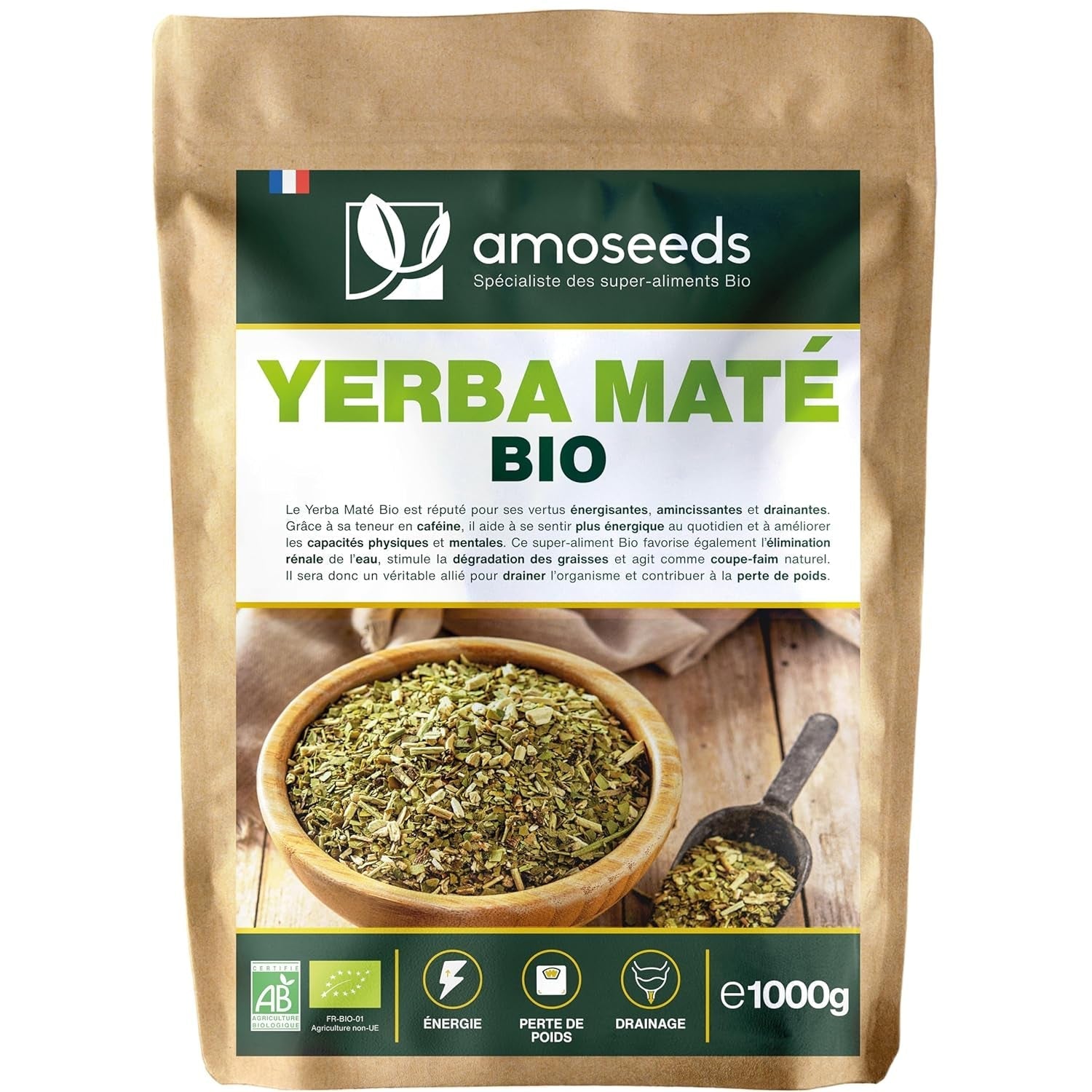 Yerba Maté BIO 1 kg | Maté verde, neafumat | 100% frunze, fără tulpini | Energie, alternativă la cafea | Calitate premium
