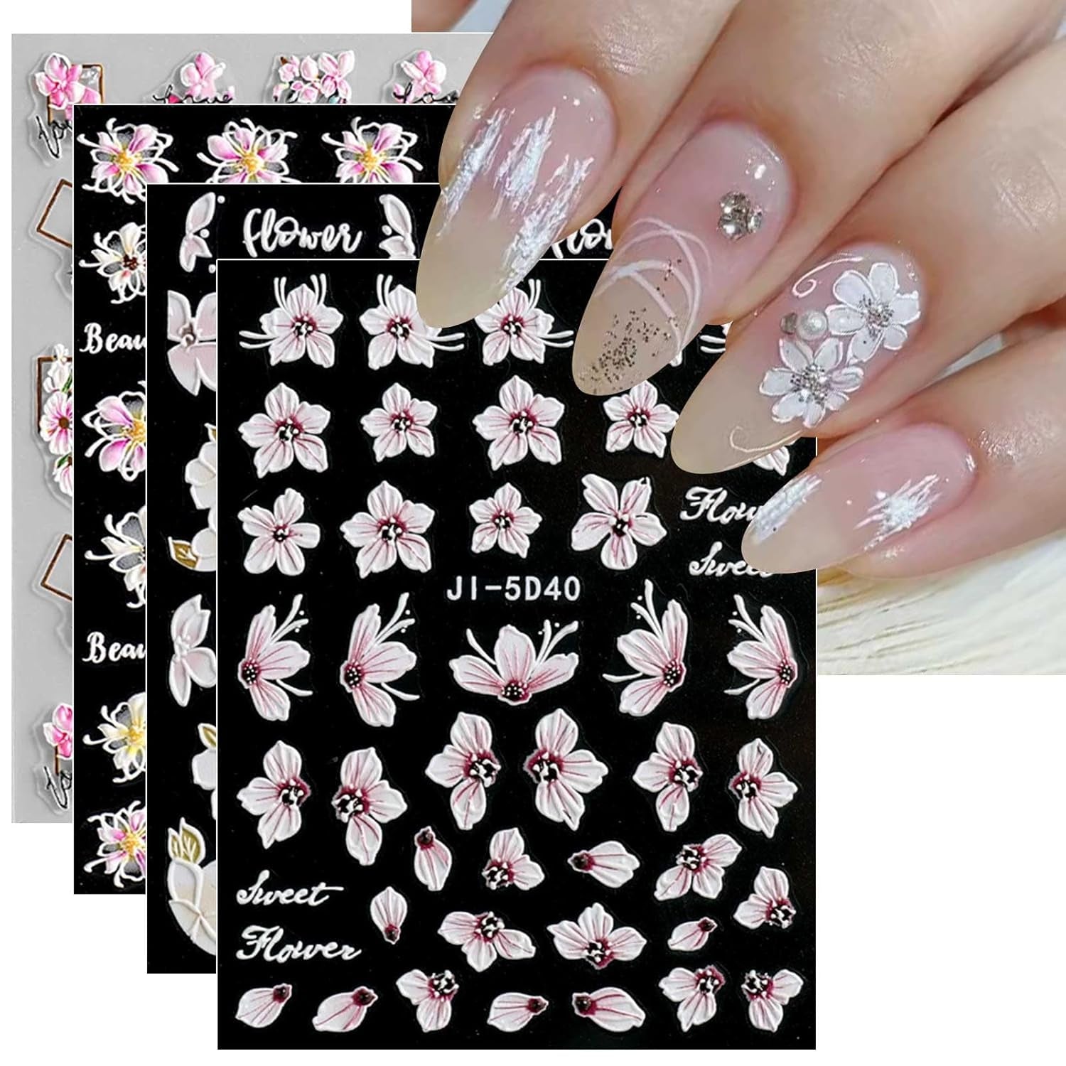 JMEOWIO 3D Nagelsticker Frühling Blume Nail Art Sticker Selbstklebend Nagelaufkleber 5D Stereoskopisch Buntes Sommer Blumen Dekoration Nageldesign Zubehör 4 Blatt