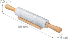 Relaxdays Nudelholz Marmor, Griffe aus Holz, Teigroller zum Kochen & Backen, mit Ablage, 48 cm, schwere Backrolle, blanco