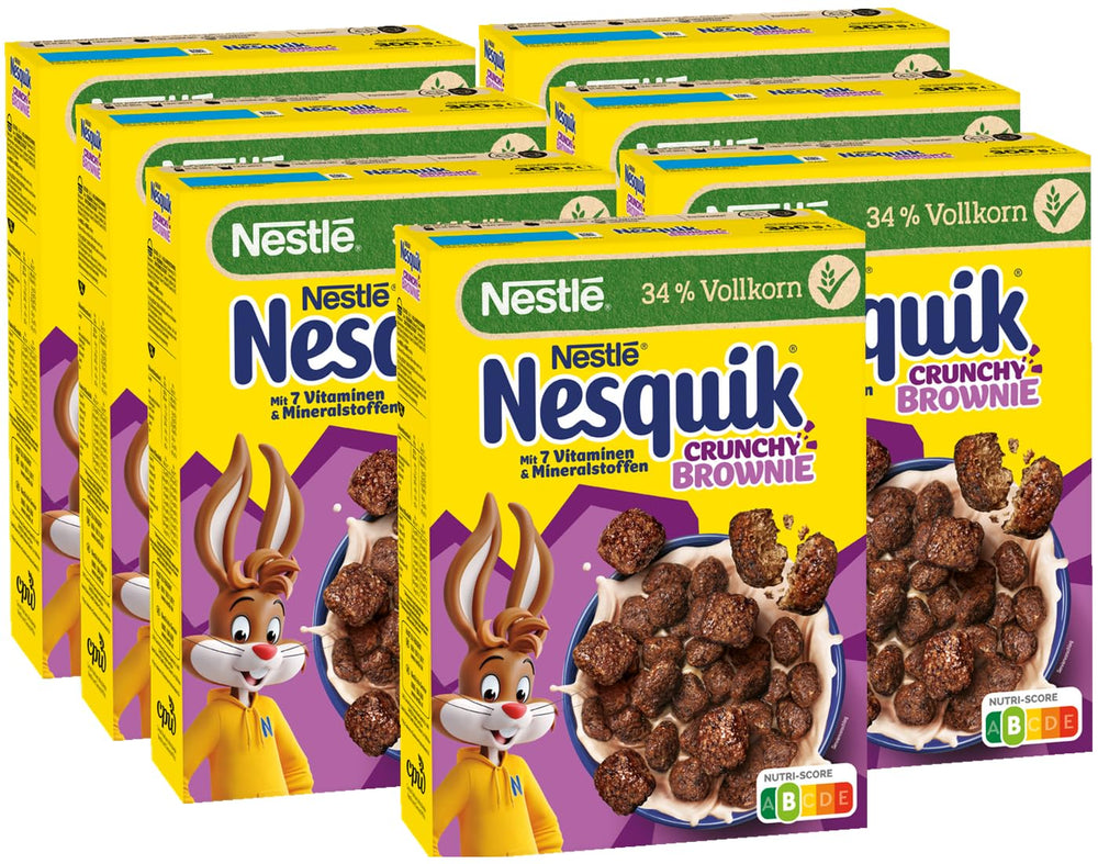 Nestlé NESQUIK Crunchy Brownie, cereal de desayuno crujiente con chispas de chocolate y una forma innovadora para un toque extra crujiente, paquete de 7 (7 x 300 g)