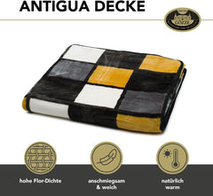 Gözze - Manta suave y cómoda, sensación de cachemira, tejido pesado 500 g/m², Antigua, 150 x 200 cm - Camas y mantas mostaza/negro/blanco Besuche den Gözze-Store