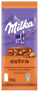 Milka Extra Caramel Salt Almond - Chocolate con leche alpino con trozos de caramelo, almendras y una pizca de sal - 190g