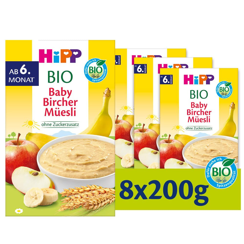 HiPP Organic Baby Bircher Muesli (8 x 250 g), a partir de 6 meses, sin azúcar añadido, copos de cereales extra tiernos - desayuno de fácil digestión y de la mejor calidad biológica
