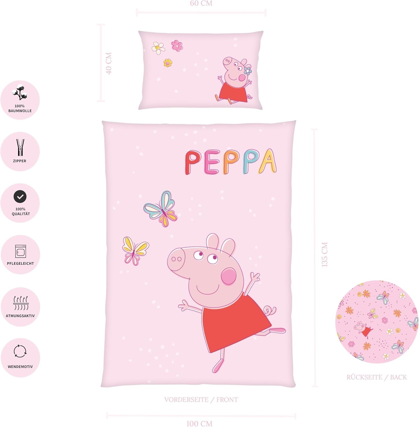Set de lenjerie de pat pentru copii Peppa Pig, 100 x 135 cm si 40 x 60 cm, bumbac Lenjerie de pat - copii Naty Shop