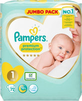Scutece Pampers Premium Protection pentru bebeluși noi, pachet Jumbo, mărimea 1, 72 bucăți