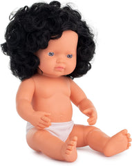 Muñecas Miniland: europäische Babypuppe Mädchen mit schwarzen Locken, 38cm, aus weichem Vinyl, en Tüte transparente. (31232)