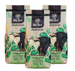 Café Britt® - Amestec Costa Rican Habitat Cariblanco (340 g) (Pachet de 3) Cafea Arabica boabe întregi, Kosher, fără gluten, prăjire gourmet și mediu închisă…
