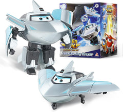 Avión de transformación Super Wings Traver sobrealimentado, aprox. Figura de juego para niños grande de 12,7 cm Figura de avión y robot de juguete para niños y niñas mayores de 3 años Figuras de acción plateadas Naty Shop Traver