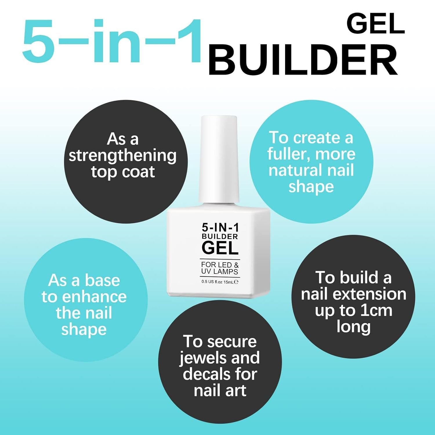 Gel de întărire Builder 5 în 1 15 ml, Gel de întărire pentru unghii, Gel de întărire pentru unghii, Ojă UV/LED pentru extensii de unghii, Extensii, Nail Art, Autocolante, Gel de întărire pentru unghii cu gel (Alb)