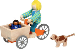 Bicicletă cargo cu 2 păpuși flexibile și câine: Bicicletă cargo: 16 x 6,8 x 7,5 cm, lemn, material textil, 4 bucăți, per set, maro