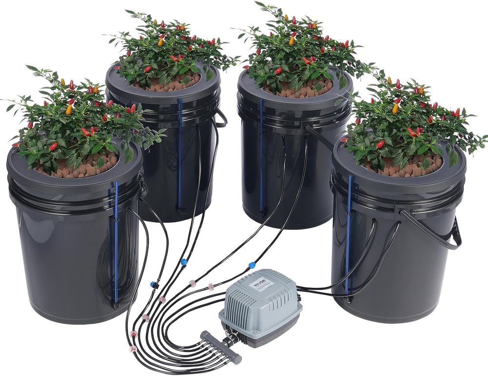 Sistem de creștere hidroponică VEVOR DWC, sisteme de creștere hidroponică cu kit de picurare în ghiveci, cultură în apă adâncă, 4 găleți de 20 l, cu pompă de aer, pietre de aer și indicator al nivelului apei pentru legume cu frunze verzi