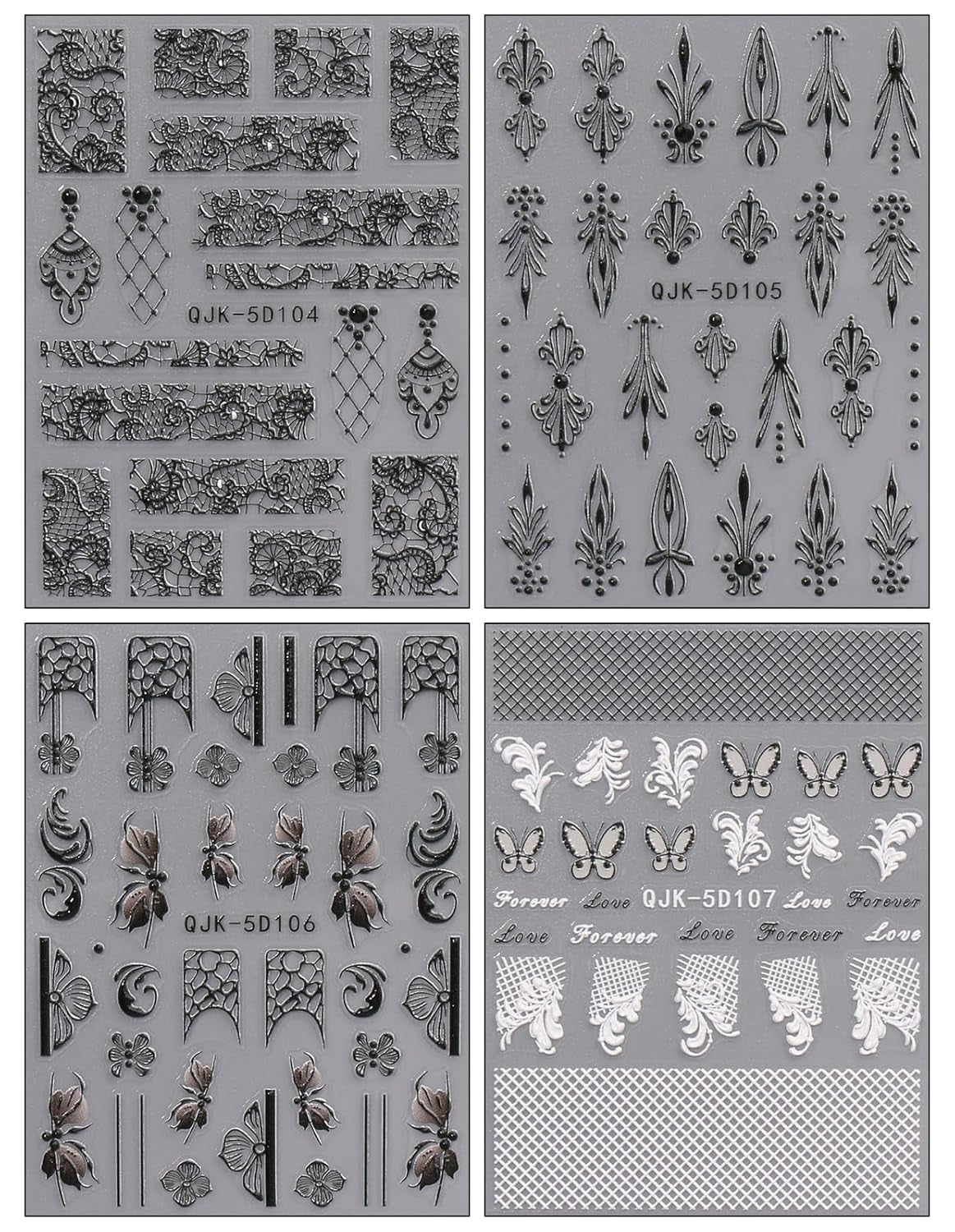 JMEOWIO 3D Nagelsticker Schwarz Weiß Blume Nail Art Sticker Selbstklebend Nagelaufkleber 5D Stereoskopisch Blumen Dekoration Nageldesign Zubehör 4 Blatt