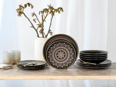 CreaTable, 23588, seria MANDALA GOLD - Negru, set de veselă cu 12 piese, set de farfurii din gresie, potrivit pentru mașina de spălat vase și cuptorul cu microunde, producție de calitate