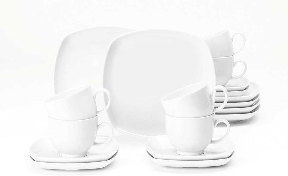 Seltmann Weiden 4052212122489 Kaffeeservice 18-teilig eckig Lido weiß, Porzellan, 220 milliliters, Bunt