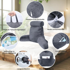 Pernă ergonomică pentru citit INFANZIA cu cotiere, suport pentru spate, mare, gri