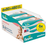 Toallitas húmedas Pampers Sensitive, 6 paquetes de 80 toallitas = 480 toallitas, sin perfume, para una limpieza suave y delicada