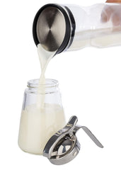 APS 765 Cană universală, cană de turnat din sticlă cu capac filetat din oțel inoxidabil, cană de turnat pentru miere, frișcă de cafea sau alte lichide, 8,5 x 12 cm, 13 cm înălțime