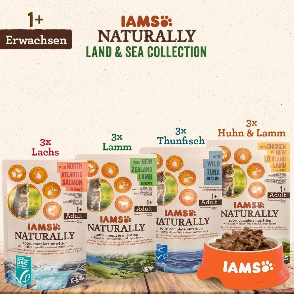 IAMS Naturally Cat Food Wet in Sauce - Hrană umedă de înaltă calitate cu carne și pește pentru pisici adulte, Land & Sea Collection, 12 X 85 G