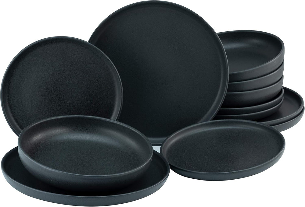 Creatable, 22979, Serie Uno BLACK, 12-Teiliges Geschirrset, Teller Set Aus Steinzeug, Spülmaschinen- Und Mikrowellengeeignet, Made in Portugal Seturi vesela masa Naty Shop Black Tafelservice 12 Teilig