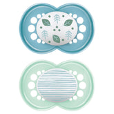 Suzetă MAM, de la 6 luni, cu tetină simetrică, plată și flexibilă, din silicon moale, ușor de utilizat, cu cutie autosterilizabilă, Original, Albastru Deschis, 2 bucăți