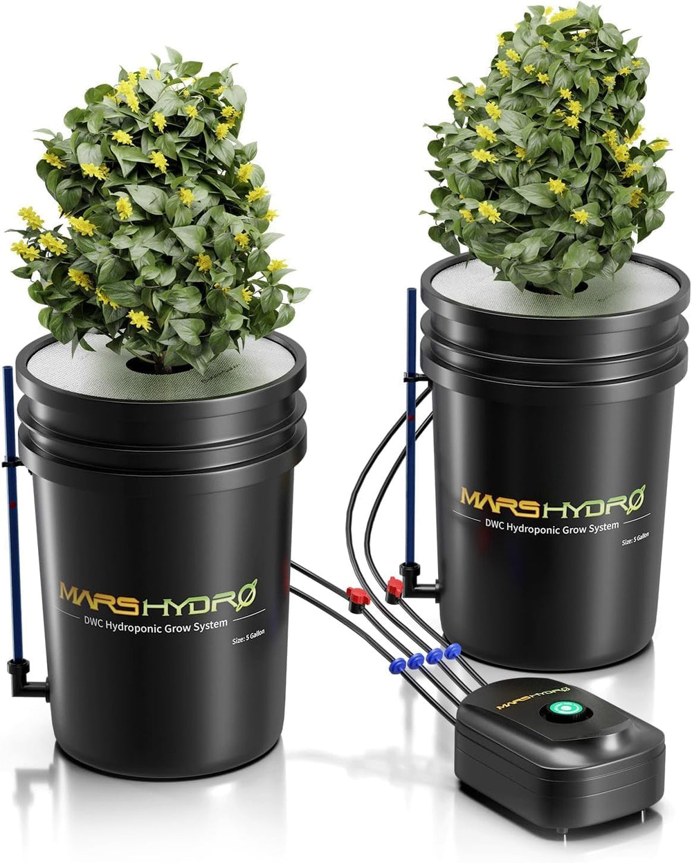 Mars Hydro DWC Sistema de cultivo hidropónico, cultivo de agua profunda de 5 galones, bomba de aire de 8 W, manguera de aire multiusos, piedra de aire, 2 cubos y kit de recipiente de goteo