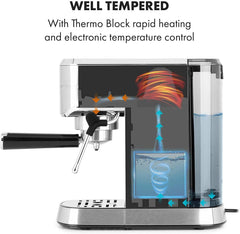 Klarstein Futura Espressor, Espressor cu Filtru Portabilă, 1450 W, 20 bar, Calitate Barista, Duză Dublă, Stop debit, Espressor cu Filtru Portabilă, Funcție de Spumare a Laptelui, Argintiu