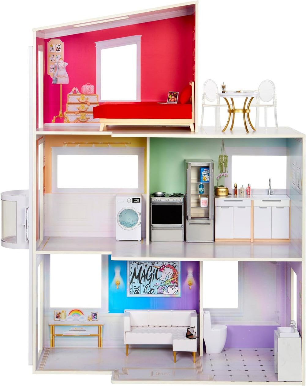 Rainbow High Townhouse - Casa de muñecas de madera de 3 pisos con 5 coloridas habitaciones y terraza - Casa completamente amueblada con ascensor y accesorios funcionales - Juguete para casas de muñecas de 4 a 12 años o más Naty Shop 2023 Rainbow High Townhouse