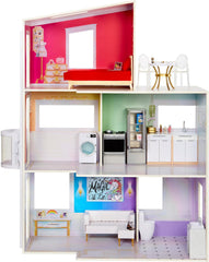 Rainbow High Townhouse - Casă de păpuși din lemn cu 3 etaje cu 5 camere colorate și terasă - Casă complet mobilată cu lift și accesorii funcționale - Jucărie pentru copii de la 4 la 12+ ani Casute de papusi Naty Shop 2023 Rainbow High Townhouse