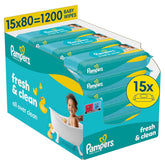 Toallitas húmedas Pampers Fresh Clean, 15 paquetes de 80 toallitas, 1200 toallitas en total, aroma ligero, también adecuadas para manos y rostro