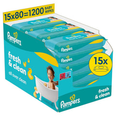 Toallitas húmedas Pampers Fresh Clean, 15 paquetes de 80 toallitas, 1200 toallitas en total, aroma ligero, también adecuadas para manos y rostro