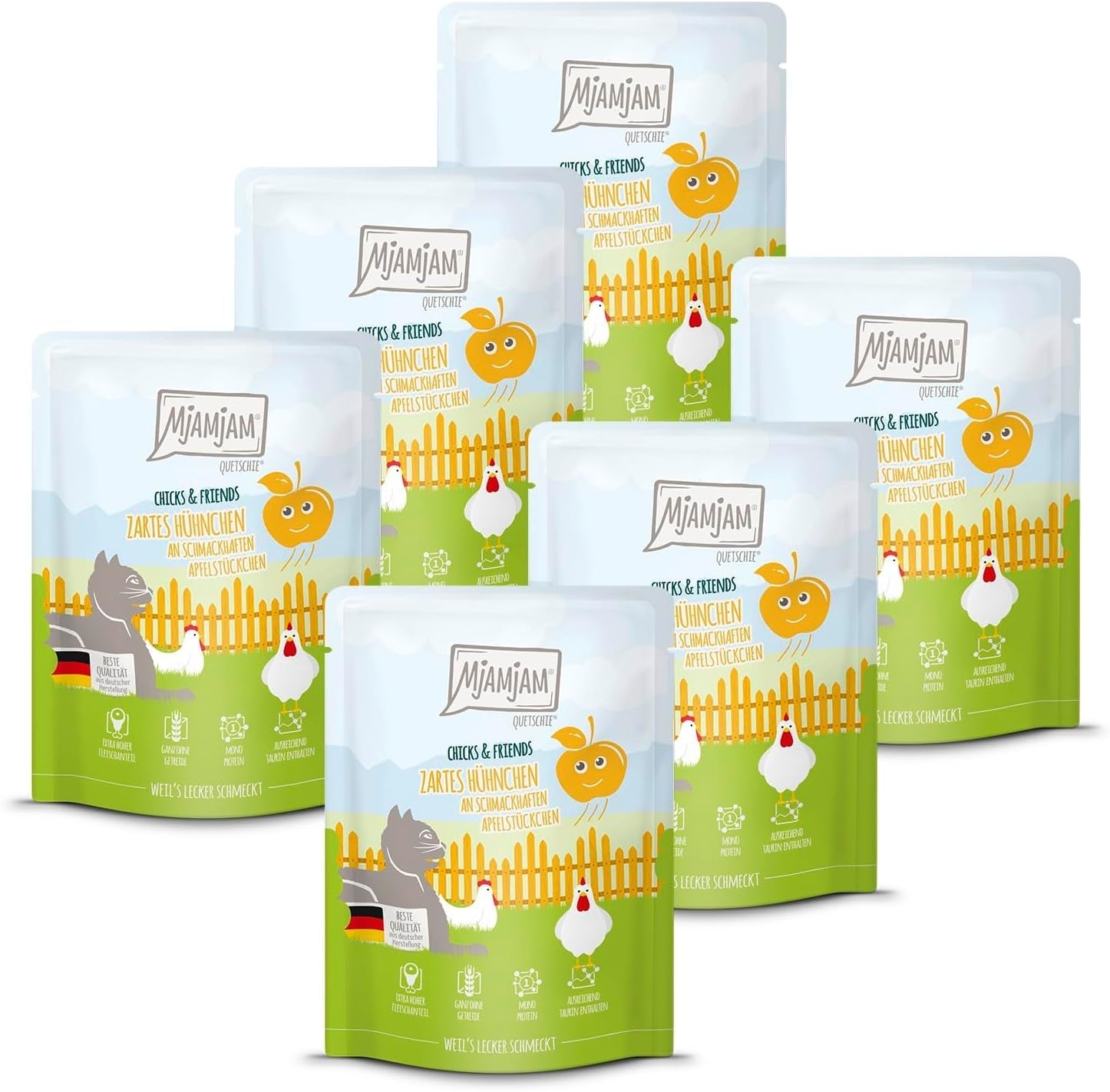 Mjamjam - Hrană umedă premium pentru pisici - Chicks & Friends Box, 9 pachete (9 X 300G), fără cereale și cu carne suplimentară