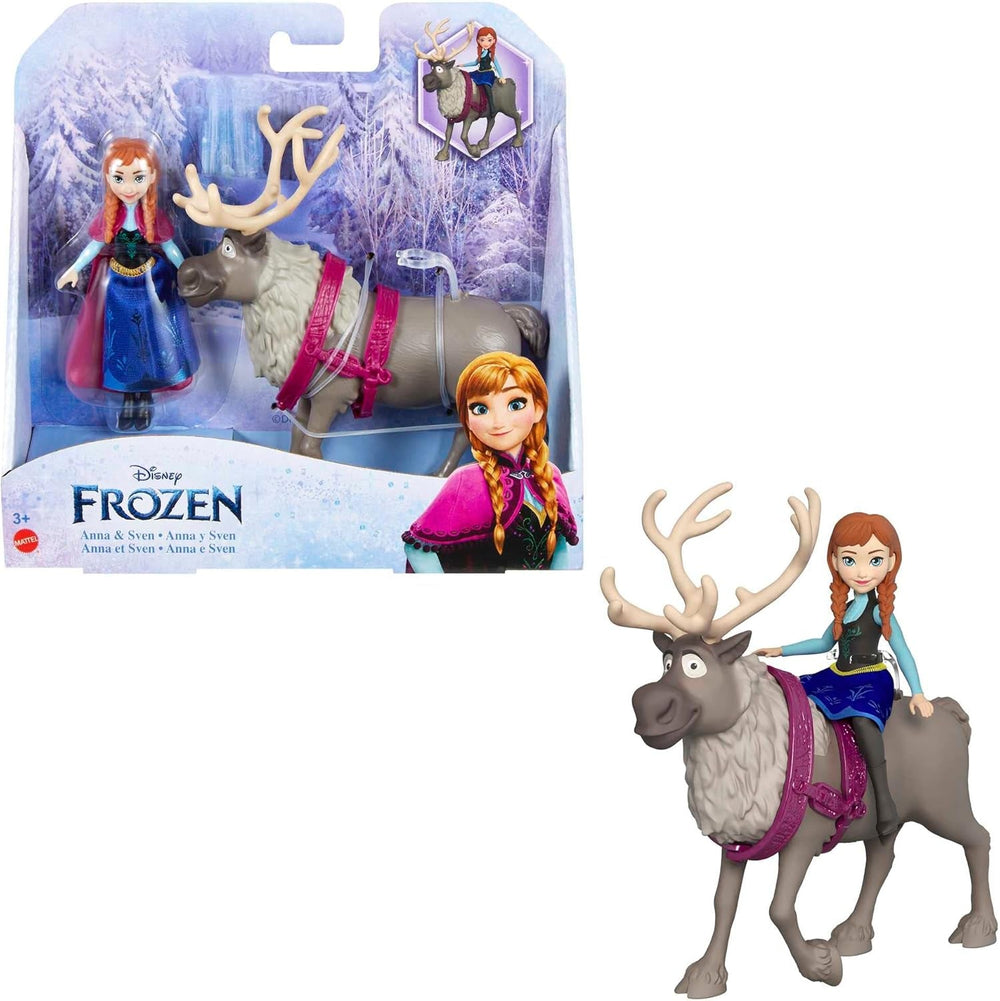 Mattel DISNEY Muñeca Anna & Sven de la Reina de Hielo y figura de animal inspirada en los personajes animados, extremidades móviles, falda y capa desmontables, a partir de 3 años, HLX03 Naty Shop Cap Dolls