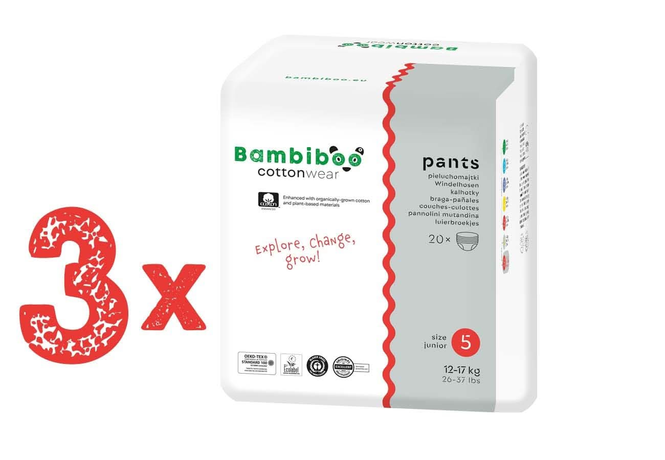 Bambiboo Scutece pentru copii - COTTONWEAR - Scutece de unică folosință pentru copii din bumbac organic și țesături pe bază de plante cu buric decupat Mama si Copilul Naty Shop Pantaloni pentru scutece, mărimea 5, 60 bucăți