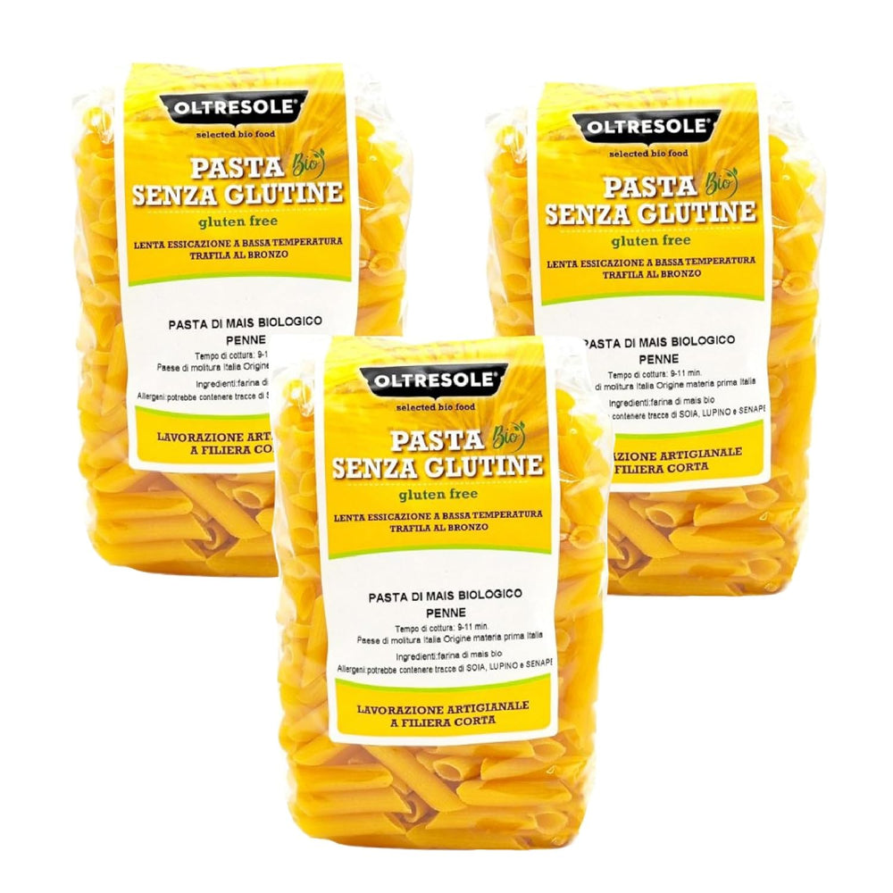 - Pasta di Mais Giallo Biologica Italiana Gluten Free, Formato Penne - pasta sin gluten, 100% farina di mais giallo orgánica, vegana, confezione da 3 pacchi da 350 g