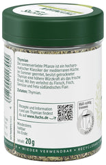 Fuchs Gewürze - Tomillo gerebelt - Mediterráneo Kräuternote für Feta, Gemüse und Fleischgerichte - ingredientes naturales - 20 g en wiederverwendbarer, recyclebarer Dosis