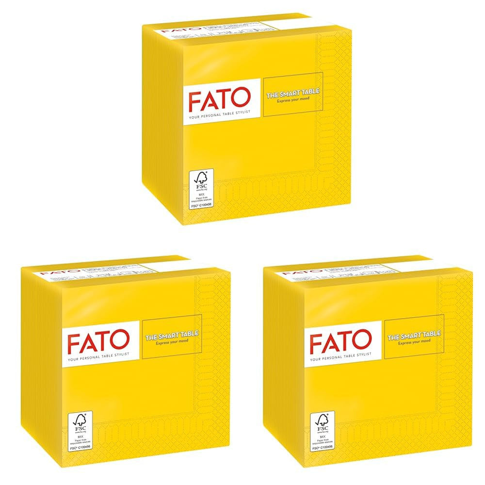 , Șervețele de hârtie de unică folosință, ideale pentru aperitive și cocktailuri, pachet de 100 de șervețele, dimensiune 24X24, 4 straturi, 2 straturi, culoare galbenă, 100% hârtie din celuloză pură, certificate Fsc (pachet de 3)