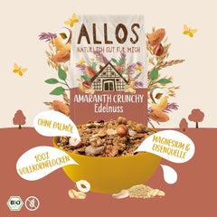 Muesli crujiente premium con nueces y amaranto Allos | Muesli orgánico | Muesli con nueces | Avena | Cereales para el desayuno | Vegano | Paquete de 6 (6 x 400 g)