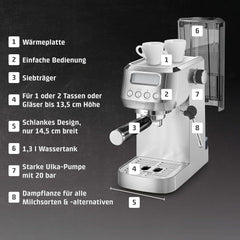 CASO EspressoGourmet Crema - Espressor portafiltru cu spumator de lapte, espresso, cappuccino, portafiltru din oțel inoxidabil, pompă ULKA 20 bar, aparat de cafea, cafea măcinată, capsule ESE