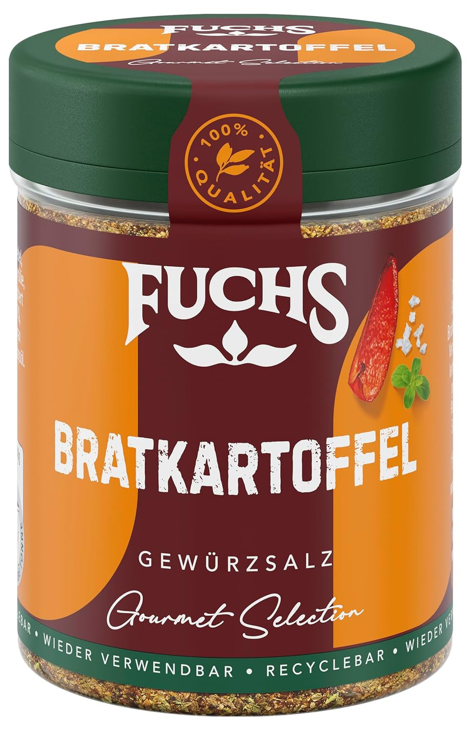 Fuchs Gourmet Selection Klassisch/Heimisch – Bratkartoffel Gewürzsalz, nachfüllbares Kartoffel Gewürz, Salz zum Würzen von Brat- & Ofenkartoffeln, Pommes Frites & Co, vegano, 70 g