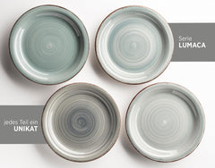 Set de veselă MÄSER pentru 6 persoane, aspect vintage modern, serviciu de masă cu 12 piese, pictat manual, albastru, gresie, albastru fumuriu (Bel Tempo II)