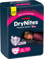Huggies DryNites Pañales nocturnos para mojar la cama para niñas de 13 a aproximadamente 17 años (48-60 kg) 33 unidades (3 x 11) Paquete mensual gigante Calzoncillos de pañales XL