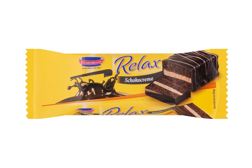 KuchenMeister Barra de Pastel de Cacao Relax 32g | Bizcocho de chocolate | Relleno delicado con crema de cacao | Crujiente de chocolate amargo | Merienda perfecta entre horas | 1 barra de 32 g.