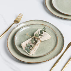 Set de veselă GBhome din gresie pentru 6 persoane, 24 de piese, glazură reactivă, lucrat manual, potrivit pentru cuptorul cu microunde și mașina de spălat vase, set de boluri și farfurii, Desret Sage, GDW007GY-24P-EU